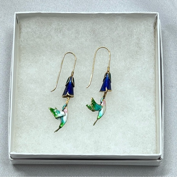 VINTAGE HUMMINGBIRD AND FLOWER Enameled 3D Dangle Drop Earrings - Picture 14 of 14